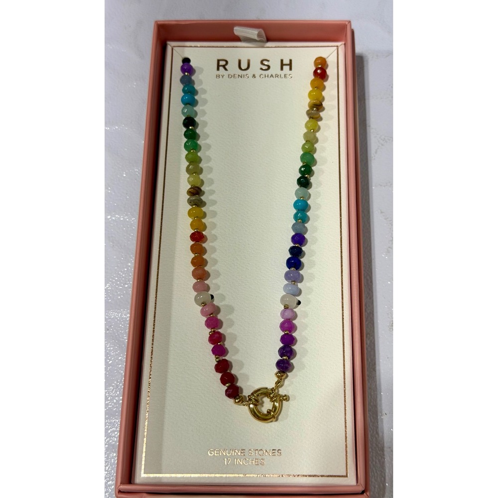 Rush by Denis & Charles Genuine Stone Rainbow Beaded Necklace 17 Inch Gold Tone